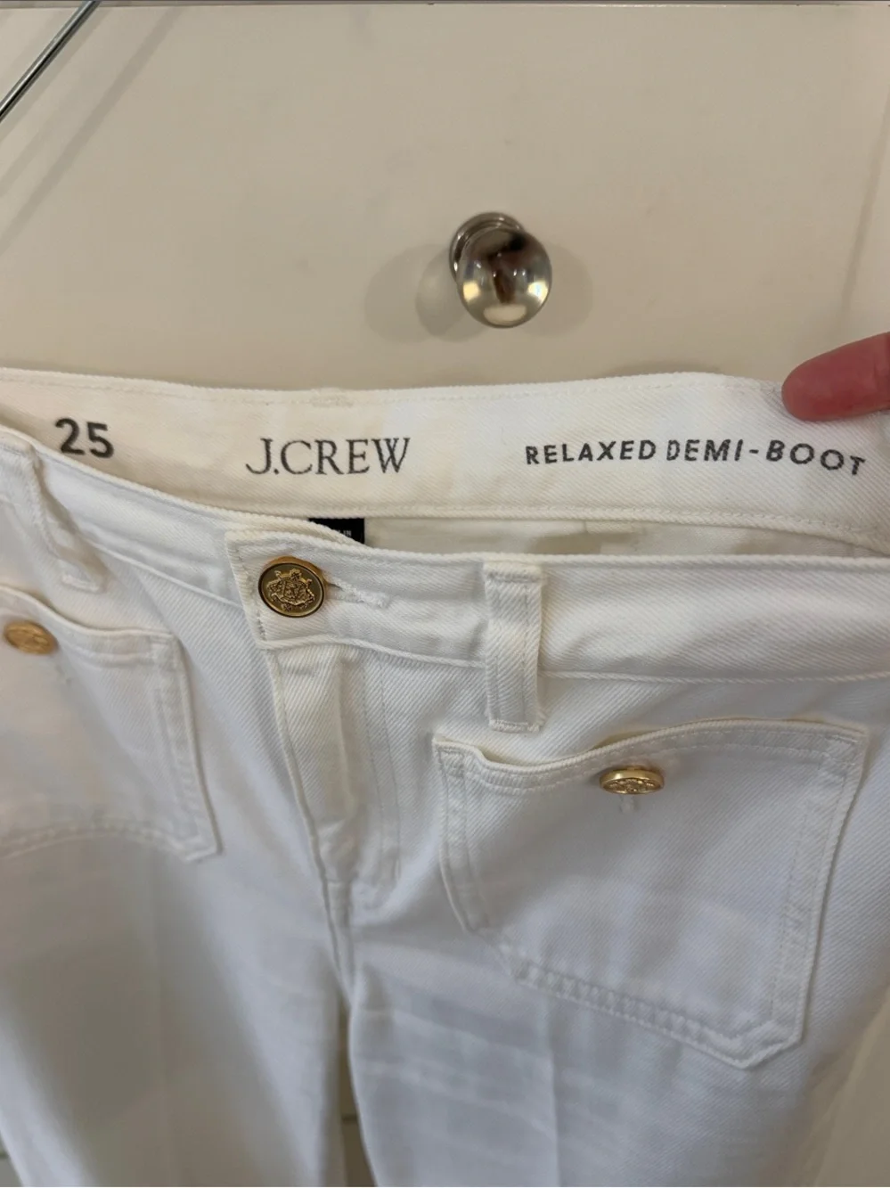 J. Crew White RELAXED DENIM BOOT Jeans with Gold Buttons